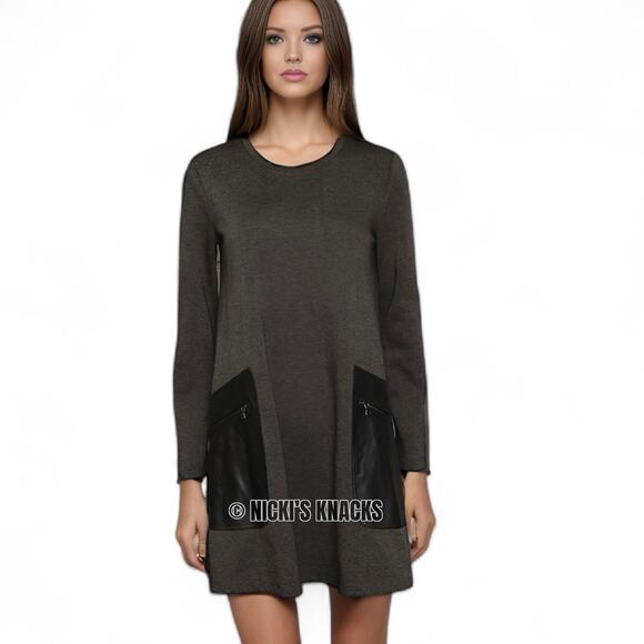 BCBGMaxazria Ponte Knit Mini Dress Faux Leather Trim Gray Long Sleeve Size XS - Picture 8 of 9